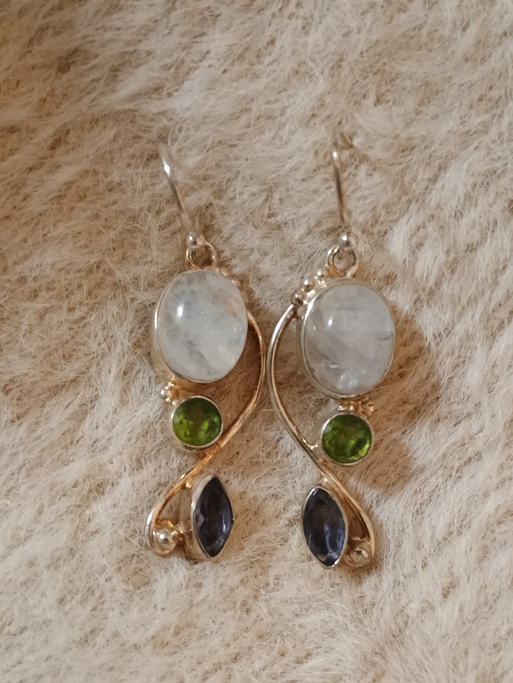 Sterling Silver Multi-Gem Drop Earrings in White, Green & Blue
